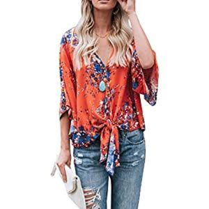 Womens Floral Blouses Summer Short Bat Tops